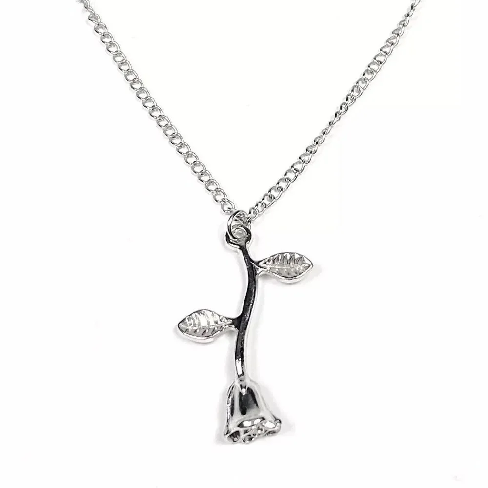 Silver Tone Flower Stem Pendant Necklace Rose Charm Feminine Retro Jewelry 20